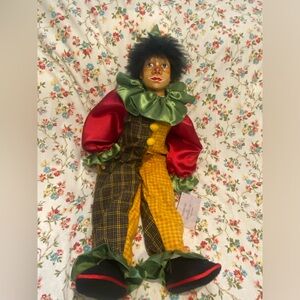 Kasma handcrafted porcelain clown doll, 30” long, made in Canada!